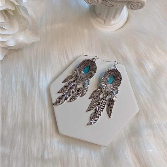 Silver Turquoise Feather Dreamcatcher Dangle Drop Earrings - Picture 3 of 3